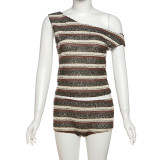 Women Summer Sexy Slash Shoulder Striped Top and Shorts Two Piece Set