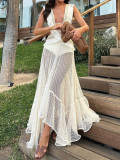 Women Summer Hollow Lace Tassel Patchwork Mesh Sleeveless Dress