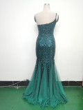 Sexy One Shoulder Sequins Mesh Patchwork Evening Dress