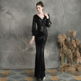 Women Formal Party Elegant Long Sleeve Sequin Fishtail Evening Dress