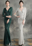 Women Formal Party Elegant Long Sleeve Sequin Fishtail Evening Dress