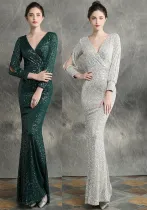 Women Formal Party Elegant Long Sleeve Sequin Fishtail Evening Dress