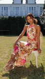 Women Sexy Lace-Up Halter Neck Lace Backless Print Maxi Dress
