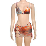Women Summer Print Sexy Mesh Lace Bikini Three-Piece