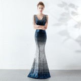Women Gradient Color Crystal Diamond Chain Sexy Evening Dress