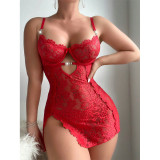 Women Lace See-Through Bodysuit T-Back Sexy Lingerie Two Piece Set