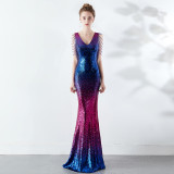 Women Gradient Color Crystal Diamond Chain Sexy Evening Dress