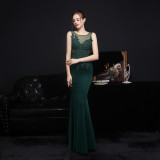 Women Lace Rhinestone Fishtail Evening Dress