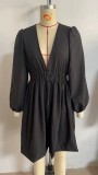 Women V Neck Pleated Long Sleeve Dress