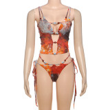 Women Summer Print Sexy Mesh Lace Bikini Three-Piece