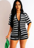 Women Sexy Hollow See-Through Turndown Collar Top and Knitting ShortsTwo Piece Set