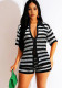 Women Sexy Hollow See-Through Turndown Collar Top and Knitting ShortsTwo Piece Set