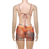 Women Summer Print Sexy Mesh Lace Bikini Three-Piece