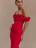 Women Spring and Summer Ruffle Off Shoulder Bodycon Dress