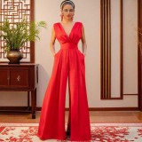Women v-neck French wide-leg jumpsuit