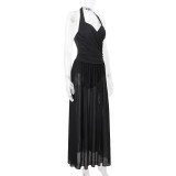 Women Spring Summer Sexy Mesh Patchwork Sleeveless Halter Neck Dress