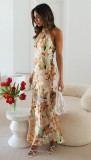 Women Sexy Lace-Up Halter Neck Lace Backless Print Maxi Dress