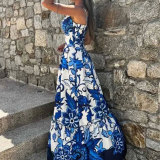 Women Elegant Print Backless Sleeveless Strap Dress