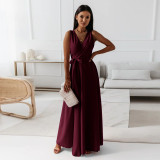 Women Spring Summer Solid v-neck Maxi Dress