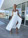 Women Summer V Neck Hollow Slit Suspender Dress