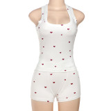 Women Summer Heart Print Vest Shorts Two Piece Set