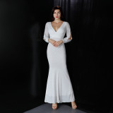Women Formal Party Elegant Long Sleeve Sequin Fishtail Evening Dress