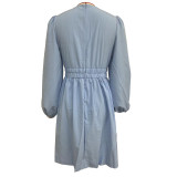Women V Neck Pleated Long Sleeve Dress