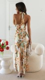 Women Sexy Lace-Up Halter Neck Lace Backless Print Maxi Dress