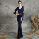 Women Formal Party Elegant Long Sleeve Sequin Fishtail Evening Dress