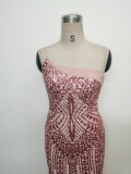 Sexy One Shoulder Sequins Mesh Patchwork Evening Dress