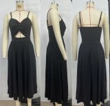 Women Summer V Neck Hollow Slit Suspender Dress