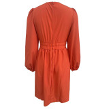 Women V Neck Pleated Long Sleeve Dress