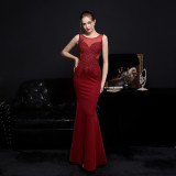 Women Lace Rhinestone Fishtail Evening Dress