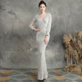 Women Formal Party Elegant Long Sleeve Sequin Fishtail Evening Dress