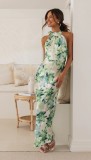 Women Sexy Lace-Up Halter Neck Lace Backless Print Maxi Dress