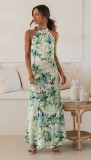 Women Sexy Lace-Up Halter Neck Lace Backless Print Maxi Dress