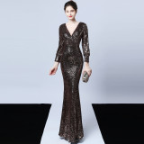 Women Formal Party Elegant Long Sleeve Sequin Fishtail Evening Dress