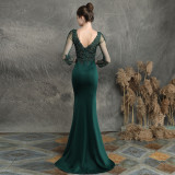 Women Beaded Long Sleeve Fishtail Evening Dress