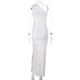 Women Mesh Slash Shoulder Bodycon Maxi Dress