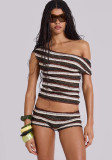 Women Summer Sexy Slash Shoulder Striped Top and Shorts Two Piece Set