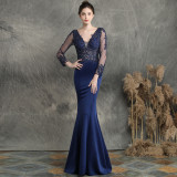 Women Beaded Long Sleeve Fishtail Evening Dress