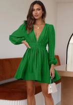 Women V Neck Pleated Long Sleeve Dress