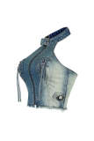 Women Sexy Rivet Zipper Stretchy Denim Top and ShortsTwo Piece Set