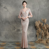 Women Formal Party Elegant Long Sleeve Sequin Fishtail Evening Dress