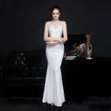 Women Lace Rhinestone Fishtail Evening Dress
