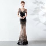 Women Gradient Color Crystal Diamond Chain Sexy Evening Dress
