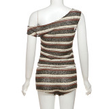 Women Summer Sexy Slash Shoulder Striped Top and Shorts Two Piece Set