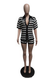 Women Sexy Hollow See-Through Turndown Collar Top and Knitting ShortsTwo Piece Set
