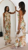 Women Sexy Lace-Up Halter Neck Lace Backless Print Maxi Dress