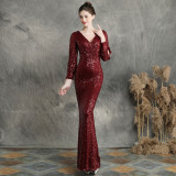 Women Formal Party Elegant Long Sleeve Sequin Fishtail Evening Dress